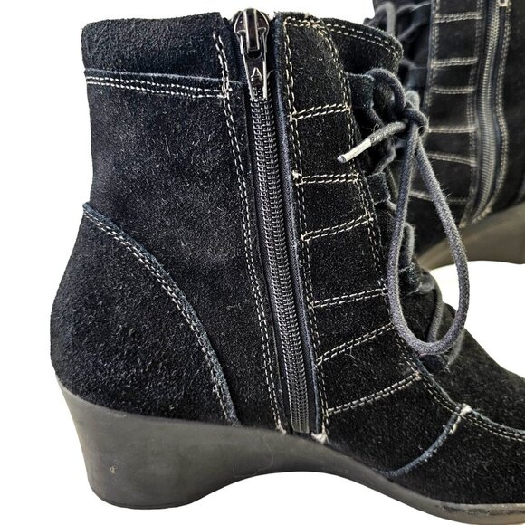 Aerosoles Black Suede Leather Bootie Womens Sz 11 Zip + LaceUp Rubber Wedge Sole - Picture 3 of 9